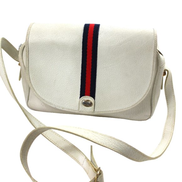 Vintage Blondie GG Style Center Striped Ribbon White Leather Style Shoulder Bag - Picture 1 of 11